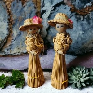 2 Vtg Hand Crafted Straw Wood Wicker Silk Flowers Ribbons Broom Dolls